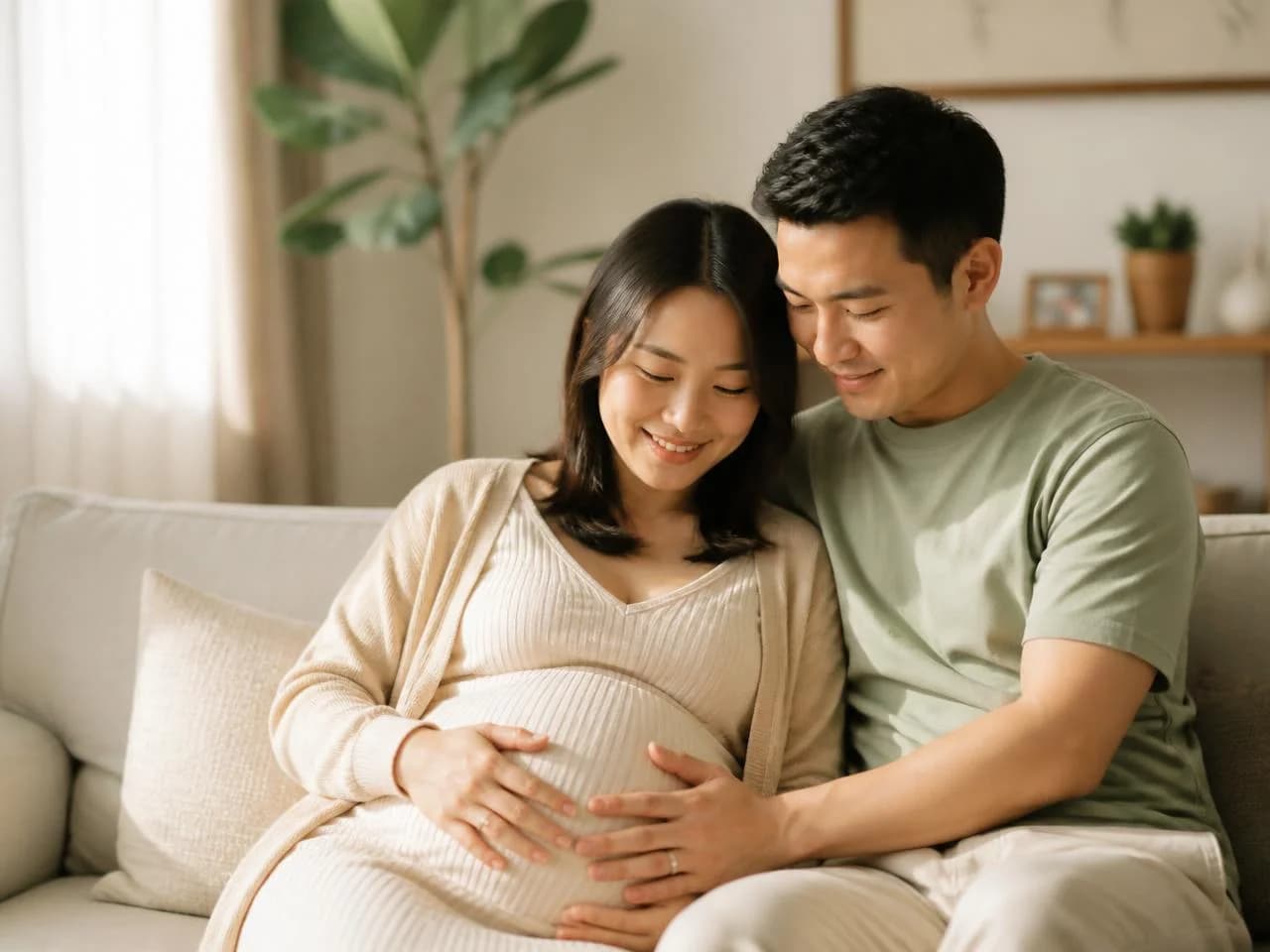 An expecting Chinese Malaysian couple sitting together at home